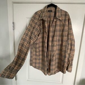 Vintage Burberry London Classic Button Up Plaid Nova Check Shirt Mens L Tan